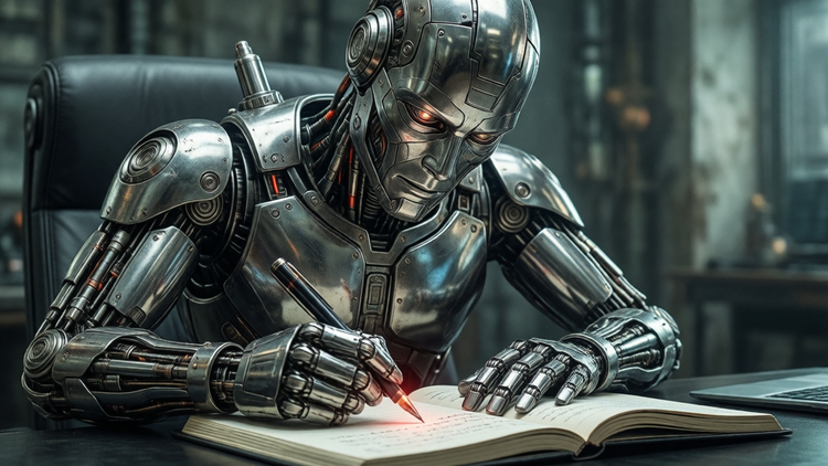 A robot writing in a notebook. AI generated.