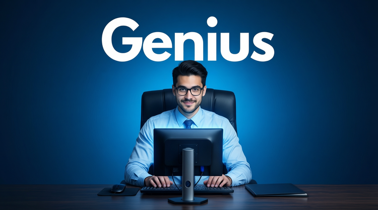 Man sitting in front of a computer with the text "Genius" behind his head.
