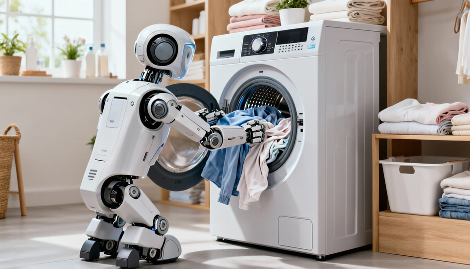 Picture of a robot loading washing into a washing machine.